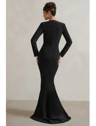 Reba | Black Plunge Long Sleeve Structured Maxi Dress with Front Split - 1