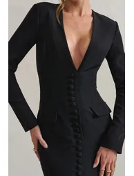 Reba | Black Plunge Long Sleeve Structured Maxi Dress with Front Split - 2