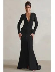 Reba | Black Plunge Long Sleeve Structured Maxi Dress with Front Split