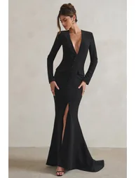 Reba | Black Plunge Long Sleeve Structured Maxi Dress with Front Split - 3
