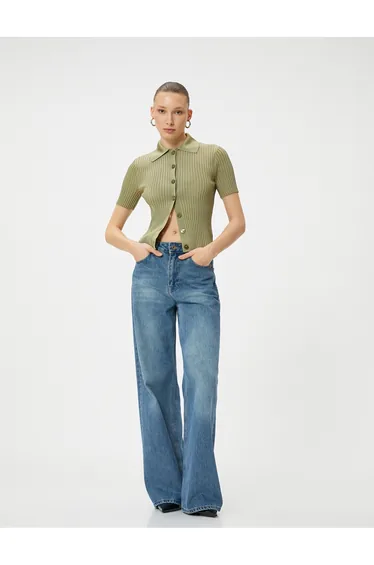 Polo Neck Sweater Knitwear Ribbed Short Sleeve Viscose