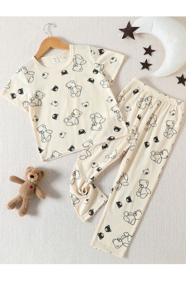 Girls Beige Teddy Bear Print T-Shirt and Pyjama Set