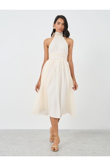 Solid Backless Halter Neck Midi Dress