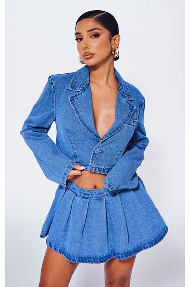 Petite Blue Cropped Denim Blazer