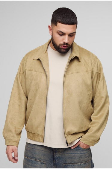 Plus Faux Suede Western Zip Up Jacket - stone