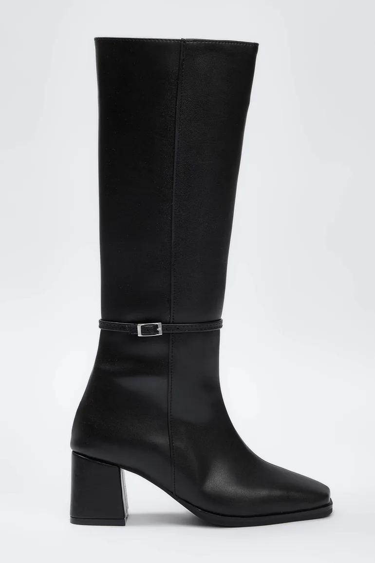 Black Band Detailed Square Toe Block Heel Women's Boots - 2