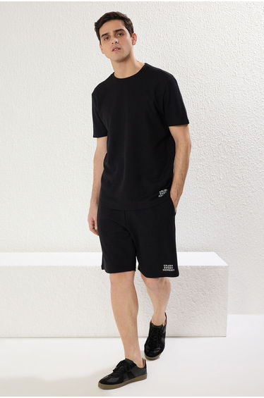 Black Regular Fit Waffle Knitted Shorts Pajama Set