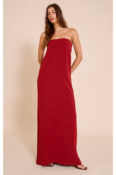Deep Red Floaty Woven Bandeau Maxi Dress