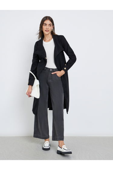 Black Knee-Length Belted Coat
