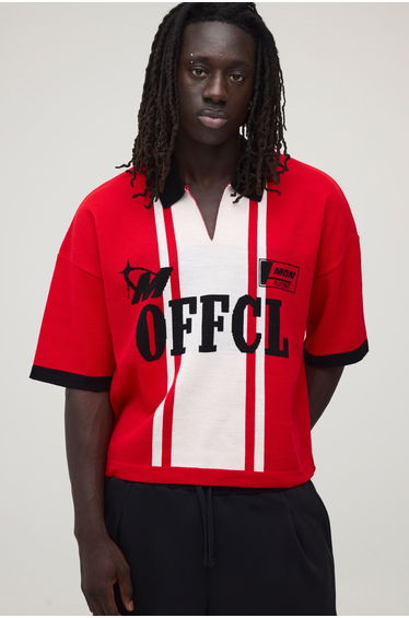Oversized Boxy Moto Jacquard Knitted Polo - red