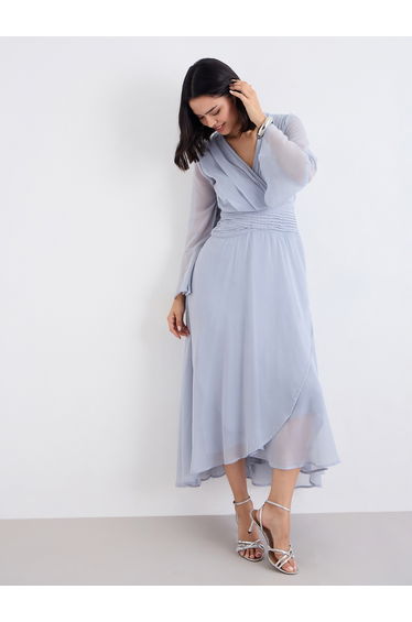 Pleated Waist Asymmetric Hem Maxi Dress