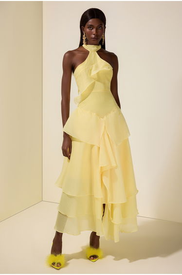 Solid Halter Neck Ruffle Midi Dress
