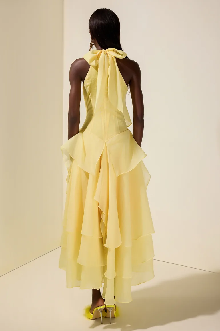 Solid Halter Neck Ruffle Midi Dress - 1