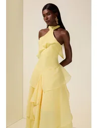 Solid Halter Neck Ruffle Midi Dress - 3