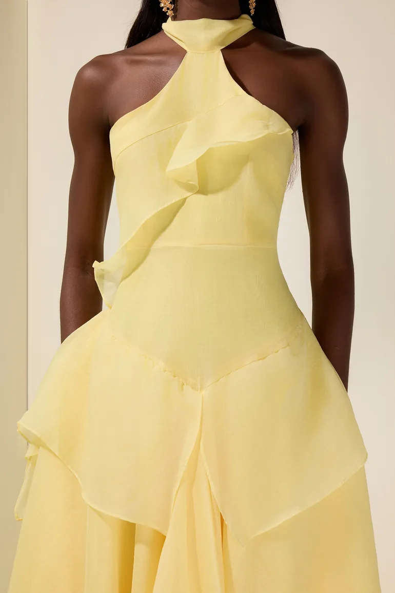 Solid Halter Neck Ruffle Midi Dress - 6