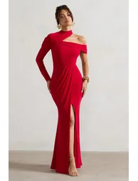 Tyla | Red Asymmetric High-Neck Split Maxi Dress - 3