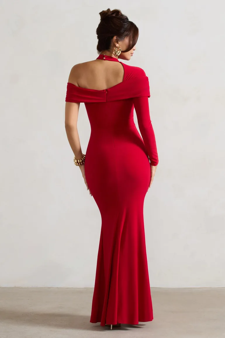 Tyla | Red Asymmetric High-Neck Split Maxi Dress - 1