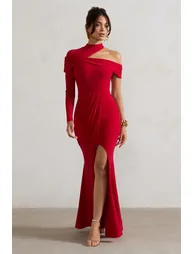 Tyla | Red Asymmetric High-Neck Split Maxi Dress - 4