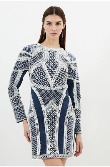 Embellished Pearl Long Sleeve Mini Dress