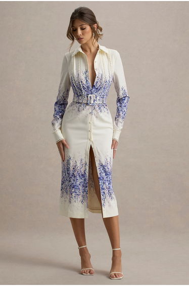 Zephy | Purple Floral Print Belted Shirt Midi Dress