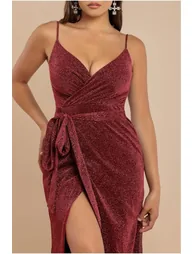 Goddiva Wrap Style Spaghetti Strap Maxi With Split - Wine - 2
