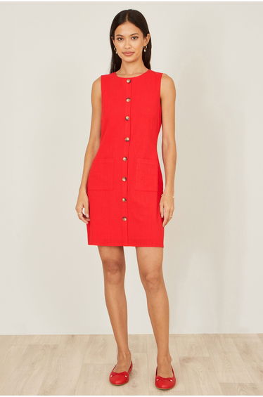 Yumi Red Viscose Button Detail Shift Dress