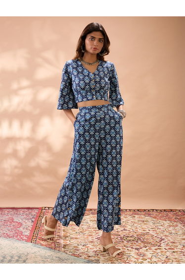 Ethnic Print Flared Sleeves Crop Top and Trousers Co-Ords