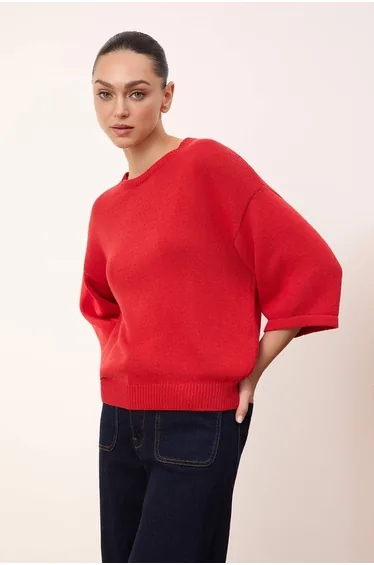 Red Crew Neck Knitwear Blouse