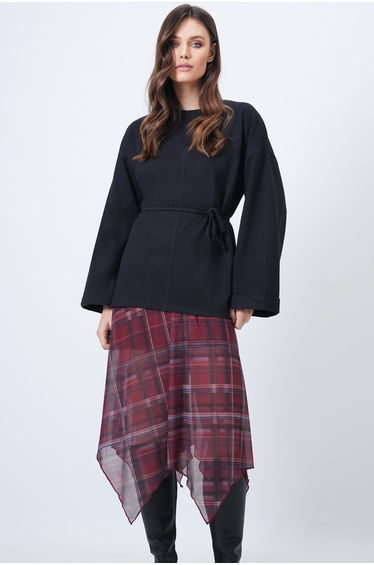 Women's Black Crew Neck Double Cuffed Tie Detail Blouse