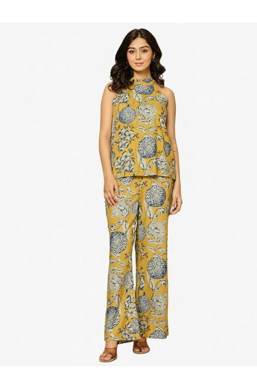 Women Yellow Viscose Printed Top and Pants Co-Ords