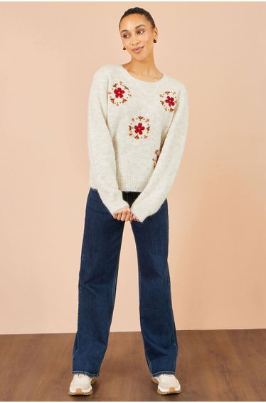 Yumi Ivory Patch Floral Embroidered Relaxed Jumper