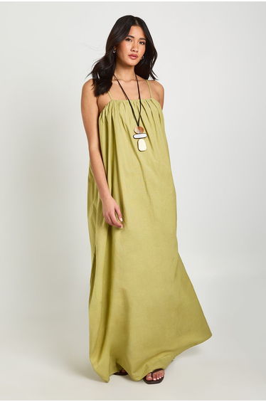 Linen Full Pocket Detail Maxi Dress - light khaki