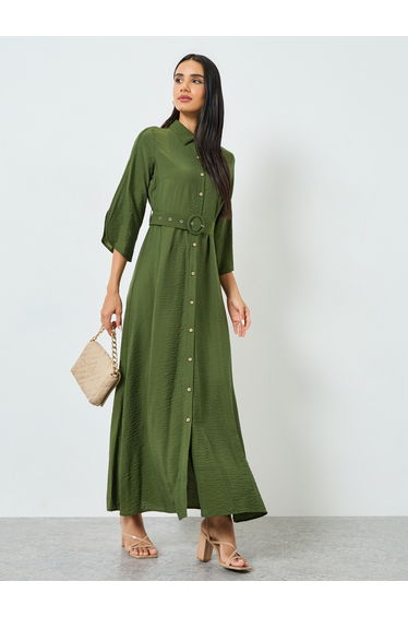 Olive Solid Shirt Maxi Dress with Belt
