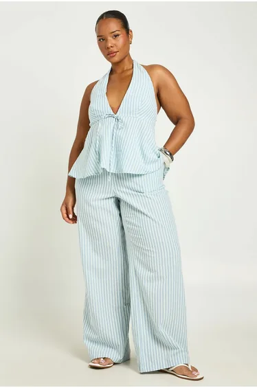 Plus Stripe Elasticated Wiast Wide Leg Trouser - blue