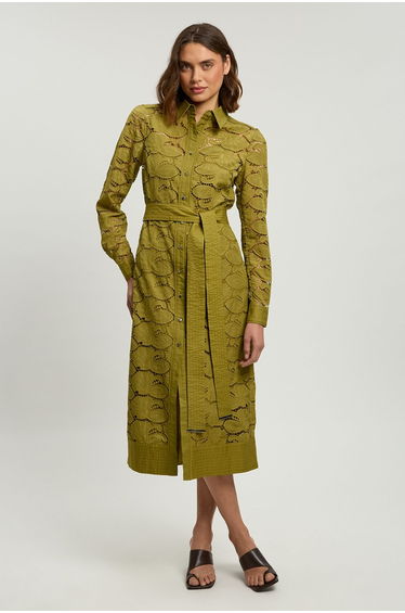Cutwork Cotton Collared Woven Shirt Dress
