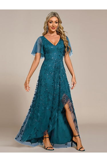 ever ALIX|Short Sleeves Sequin High Low V-Neck Midi Formal Evening Dress