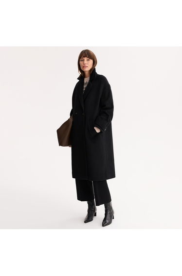 Wool Blend Long Coat with Button Fastening