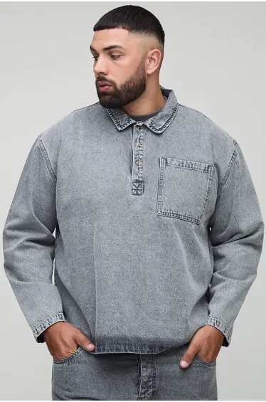 Plus Acid Wash Oversized Rugby Shirt - washed black