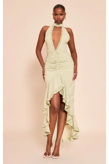 Sage Ruffle Detail Plunge Sleeveless Maxi Dress