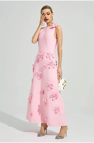Borges Pink 3D Floral A-Line Dress