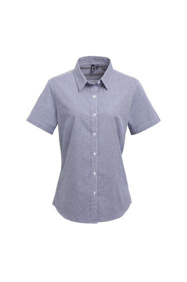 Premier Womens/Ladies Microcheck Short Sleeve Cotton Shirt - Navy/White