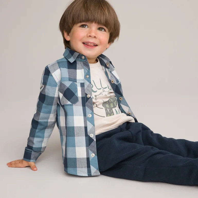 Checked Print Cotton Shirt with Long Sleeves - 4