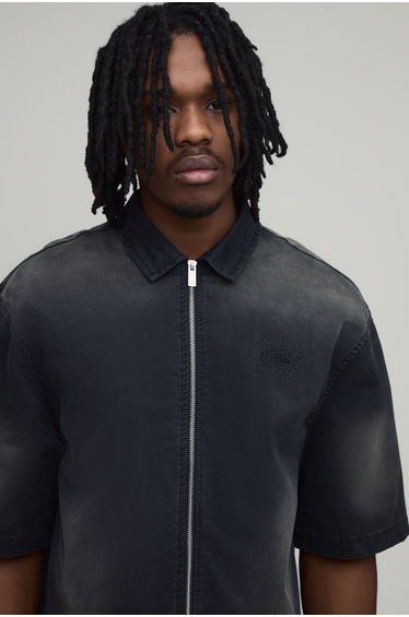 Oversized Man Embellished Washed Twill Shirt - black