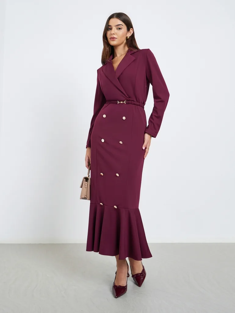 Burgundy Blazer Mermaid Hem Maxi Dress - 1