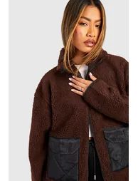 Contrast Nylon Detail Teddy Zip Jacket - chocolate - 3