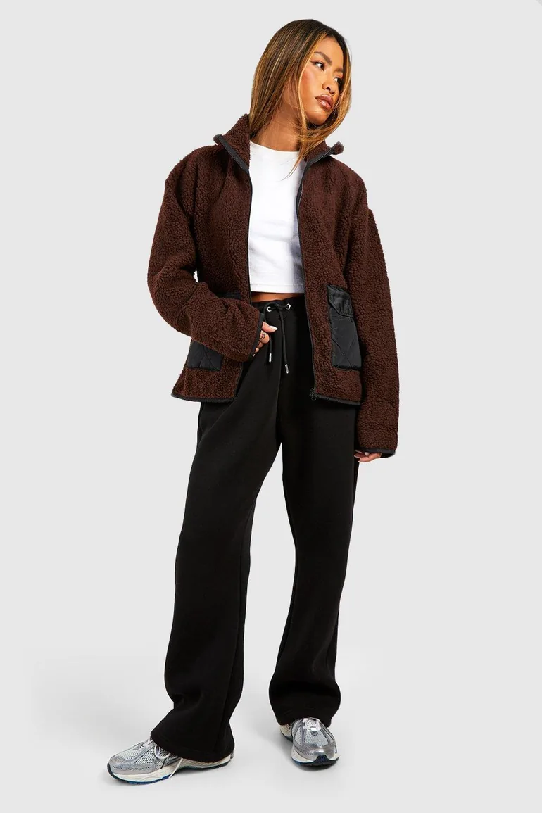 Contrast Nylon Detail Teddy Zip Jacket - chocolate - 2