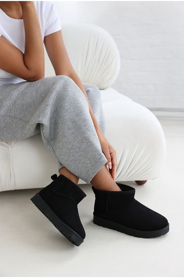 Suri Mini Black Faux-Suede Fur Lined Ankle Slipper Boots