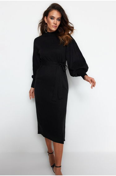 Black Column Midaxi Shift Dress with Long Sleeves