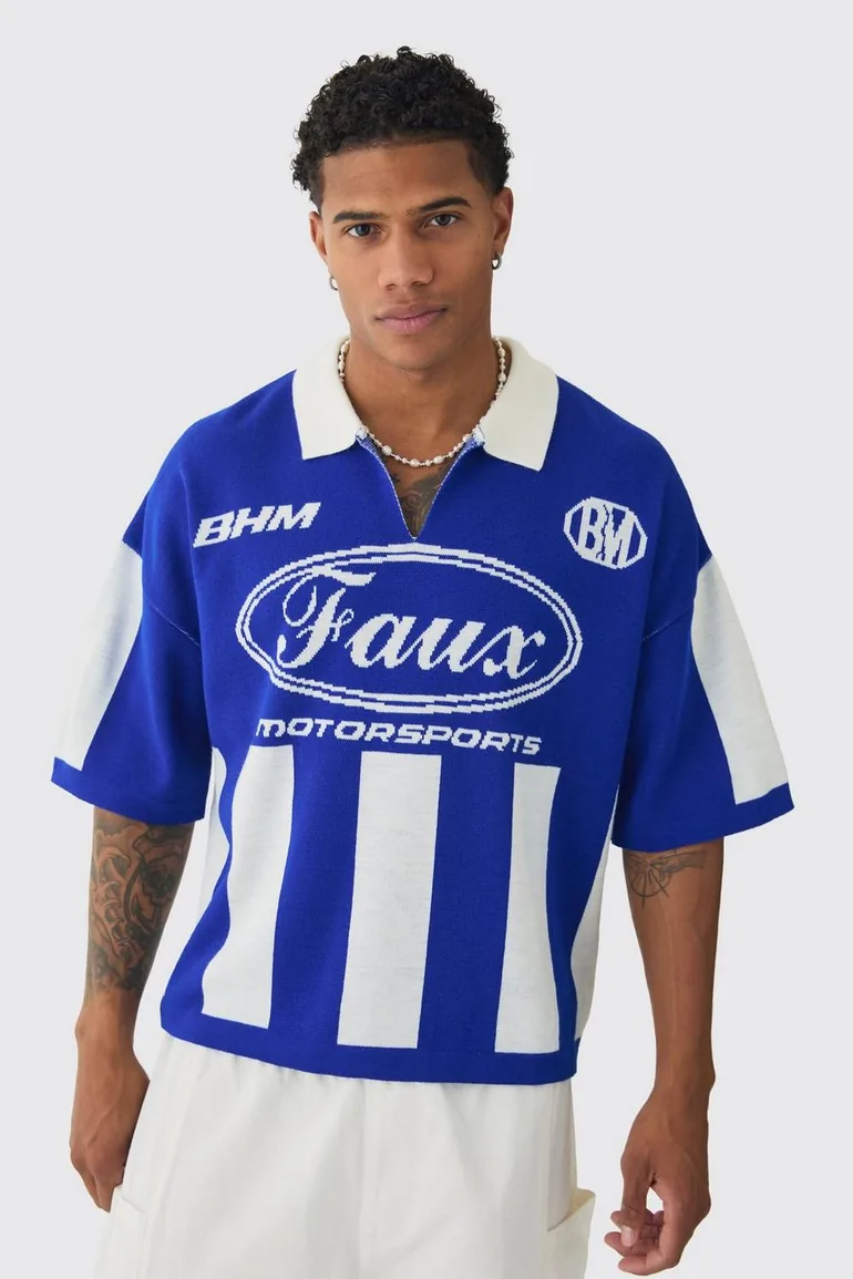 Oversized Boxy Football Knitted Polo - cobalt