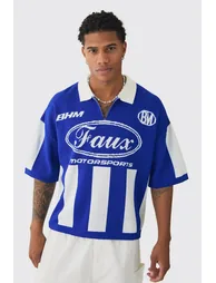 Oversized Boxy Football Knitted Polo - cobalt